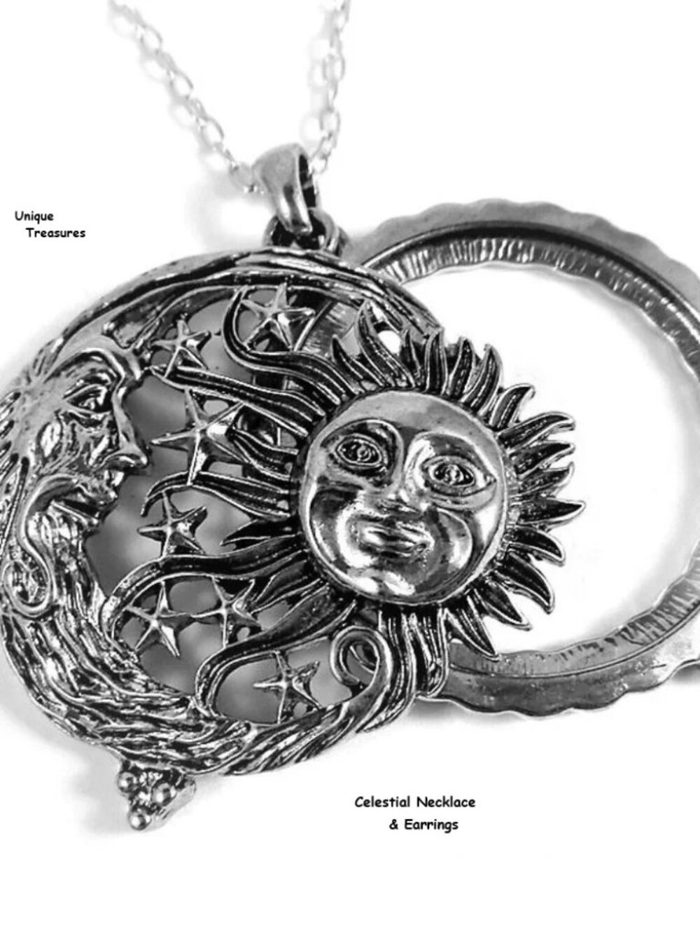 Celestial Moon Sun Long Necklace & Earrings Set Pendant Magnifying Glass Jewelry